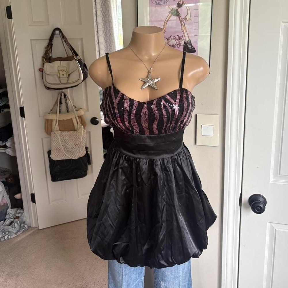 Y2K 2000s mcbling Zebra Sequin Bubble Hem Babydoll tie back dress
